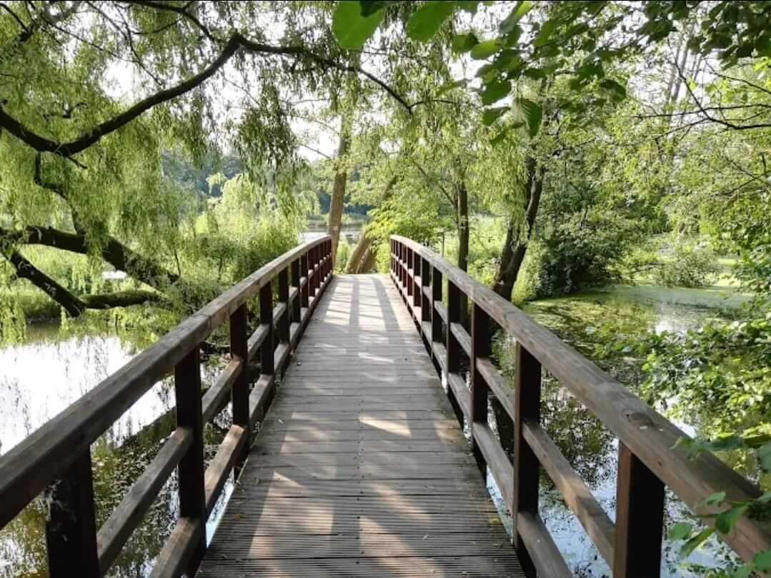 Holzbrücke über den Teich im Park des Seminarhauses